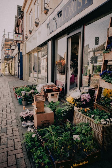 The image depicts the storefront of Romford Florist on Romford High Street, showcasing an array of fresh flowers and potted plants displayed outside the shop. The floral arrangement includes bouquets