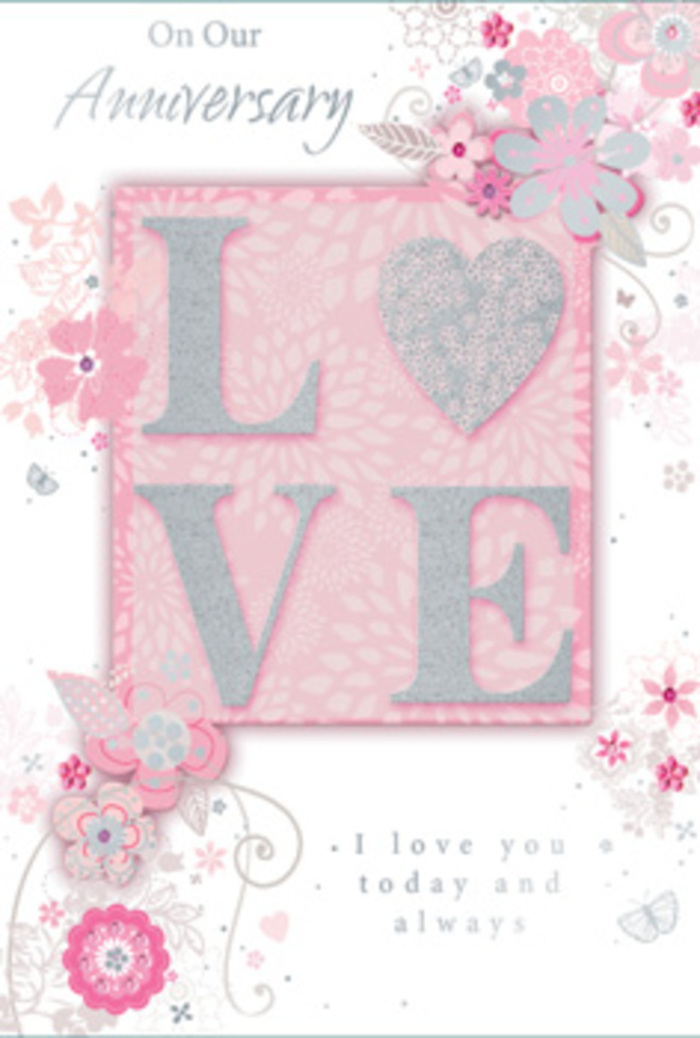 In this detailed image of an anniversary card, the design feels like stepping into a sunlit room on a calm Romford morning, where love is quietly honoured in the everyday. At the heart of the card, the word LOVE appears in an elegant, frosted glitter print, each letter raised so it would feel pleasantly textured beneath the fingertips. The sparkle is soft rather than flashy, catching the light in a way that recalls delicate reflections on shop windows along South Street. Around this central motif, wispy, hand-drawn blooms drift along the borders, their petals in layered shades of pink, lilac, and warm ivory. These flowers appear almost like an artist's ink sketch transformed into a romantic illustration, with fine stems and graceful curves that echo the flowing lines a florist might follow when shaping a bouquet at Romford Florist. Between the blooms, slender filigree lines, dainty leaves, and tiny, almost-hidden butterflies weave through the design, suggesting the quiet flutter of hearts and the gentle movement of a spring breeze over the gardens near Raphael Park. Nestled within this floral frame, simple yet heartfelt text reads I love you today and always, set in understated, modern type that lets the message speak clearly. The background remains softly tinted, allowing the pastel flowers and shimmering letters to stand out without harsh contrast. Overall, the card feels like a hand-tied bouquet translated into paper-graceful, romantic, and thoughtfully composed, ideal for placing beside a celebratory dinner at home after an evening walk through Romford's familiar streets.