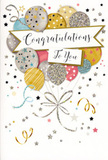 In this image, a beautifully crafted congratulations card stands upright, its artwork echoing the feeling of handing over a celebratory bouquet on South Street in Romford. The design centres on a rounded cluster of illustrated balloons, layered so they seem to rise together in a gentle arc. Each balloon shines in a carefully balanced palette of warm gold, silver, champagne, dusky pink, sky blue and soft grey, with individual patterns of tiny stars, sprinkled glitter and fine stripes giving them unique character. The metallic accents are subtle, catching the light just enough to glow without overwhelming the eye. From the base of the balloon cluster, slender ribbons cascade down in graceful curls of gold and silver, as if swaying slightly in a light breeze outside Romford Station. Across the middle of the balloons, a smooth, ribbon-like banner stretches horizontally, bearing the words Congratulations To You in elegant cursive lettering that feels both personal and polished. Around the balloons and banner, small stars, dots of confetti and looping swirls float against a pale, almost luminous background, creating the impression of movement and joyful energy, like a quiet cheer in card form. The card's surfaces suggest contrast under your fingertips-the gentle grain of quality cardstock, glossy printed balloons and the faintly raised sparkle of glittered details. Overall, the mood is bright, proud and uplifting, ideal to accompany flowers delivered for exam results, job promotions or any cherished milestone across Romford, Harold Hill and nearby neighbourhoods.