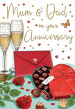 Elegant anniversary card artwork that tells a tender story of parental love, as though it belongs on a sideboard in a Romford home near Raphael Park after a special family meal. The illustration centres on two graceful champagne flutes placed close together, their clear glass catching soft, golden reflections. Each flute is filled with sparkling champagne, with tiny bubbles suspended in mid-motion, echoing the quiet excitement of an anniversary toast. In front of the glasses stands a heart-shaped box of chocolates, richly coloured in deep red and tied with an opulent, satin-like ribbon that forms a generous bow cascading over the lid. The lid is propped open to display neatly arranged chocolates, each nestled like a little treasure, with a few loose pieces resting nearby, as if already chosen and savoured. To one side, two sumptuous red roses stretch across the table, their velvety petals unfolding in layers of ruby tones, framed by lush green leaves that look freshly cut and carefully placed, just as a Romford florist might design. Scattered across the background are gold and crimson hearts, some shimmering softly, creating a halo around the hand-written dedication to Mum and Dad and infusing the scene with gentle playfulness. At the bottom edge lies a scarlet envelope, perfectly sealed and angled as though just set down, hinting at a heartfelt message full of gratitude and cherished memories. Warm, ambient lighting bathes everything in a comforting glow, from the glass stems to the silky ribbon, suggesting the rich scents of chocolate and imagined rose fragrance. The overall mood is one of intimacy, celebration, and appreciation for a love that has grown stronger through the years in Romford.
